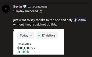 Beylin's post in Camm's Discord: 10k/day Unlocked ... thanks to the one and only @Camm. Shopify total sales $10,010.27.